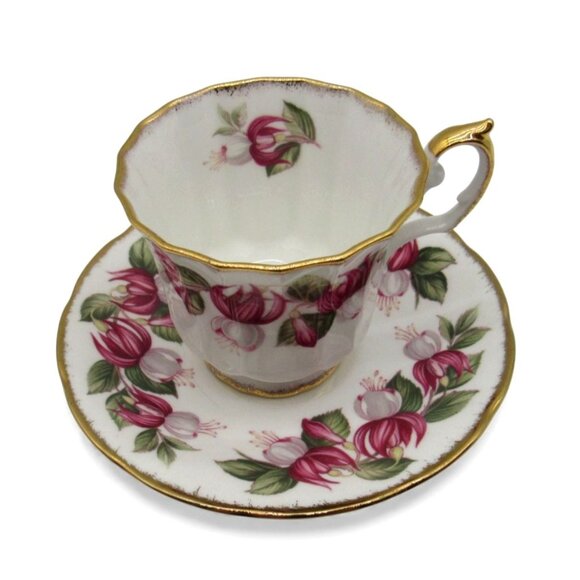 STAFFORDSHIRE Fuchsia July Flower Teacup & Saucer Set England Vintage - Picture 3 of 11
